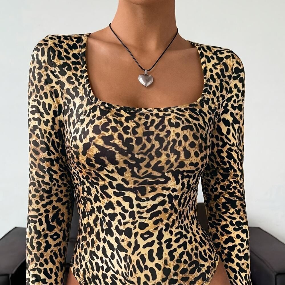 Leopard Print Long Sleeve Bodysuit Beige Brown | Sexy Animal Print Top Size S - Picture 2 of 10